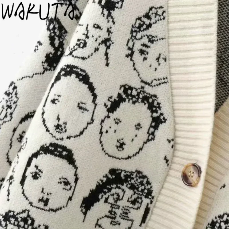 WAKUTA New Funny Cartoon V Neck Cardigan Female Knitwear Japanese Fall Winter Casual Loose Knit Jacket Sweater for Women