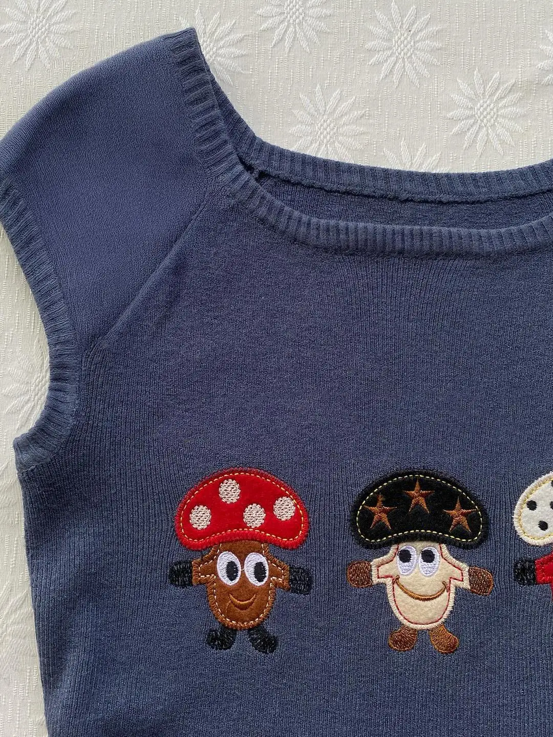 

Blue Cartoon Patchwork Knitted T-irt Women's Vintage Summer Faion Top Casual Slim Fit Cotton Blend round Ne ort Sve