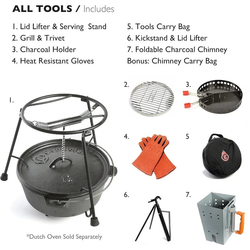 Outdoor Cooking Set  Dutch Oven Tools Set Charcoal Holder & Cast Iron Grill Accessories  Camping Grill Set Outdoor Cooking