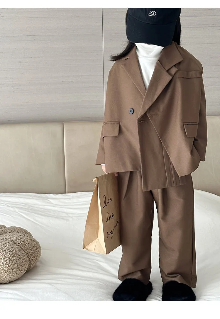 Girl Suit 2023 New Autumn Korean Fashion Style Tailored Suit Solid Cotton Irregular Long Sleeve Top Loose Pants Two Piece Suit