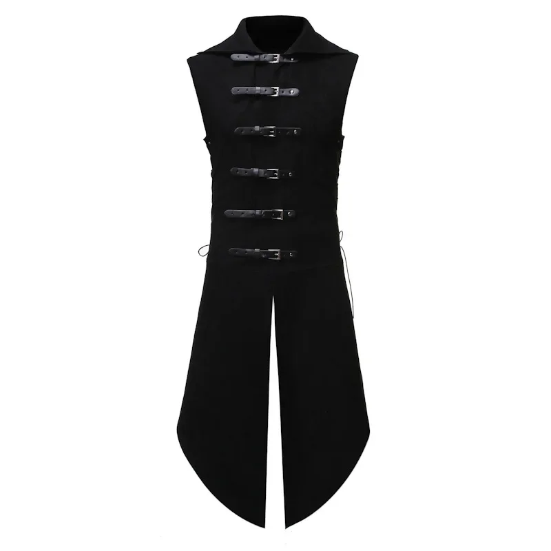 Masculino preto gótico medieval steampunk colete fino ajuste sem mangas renascentista vitoriano tailcoat jaqueta masculina traje de halloween gilet