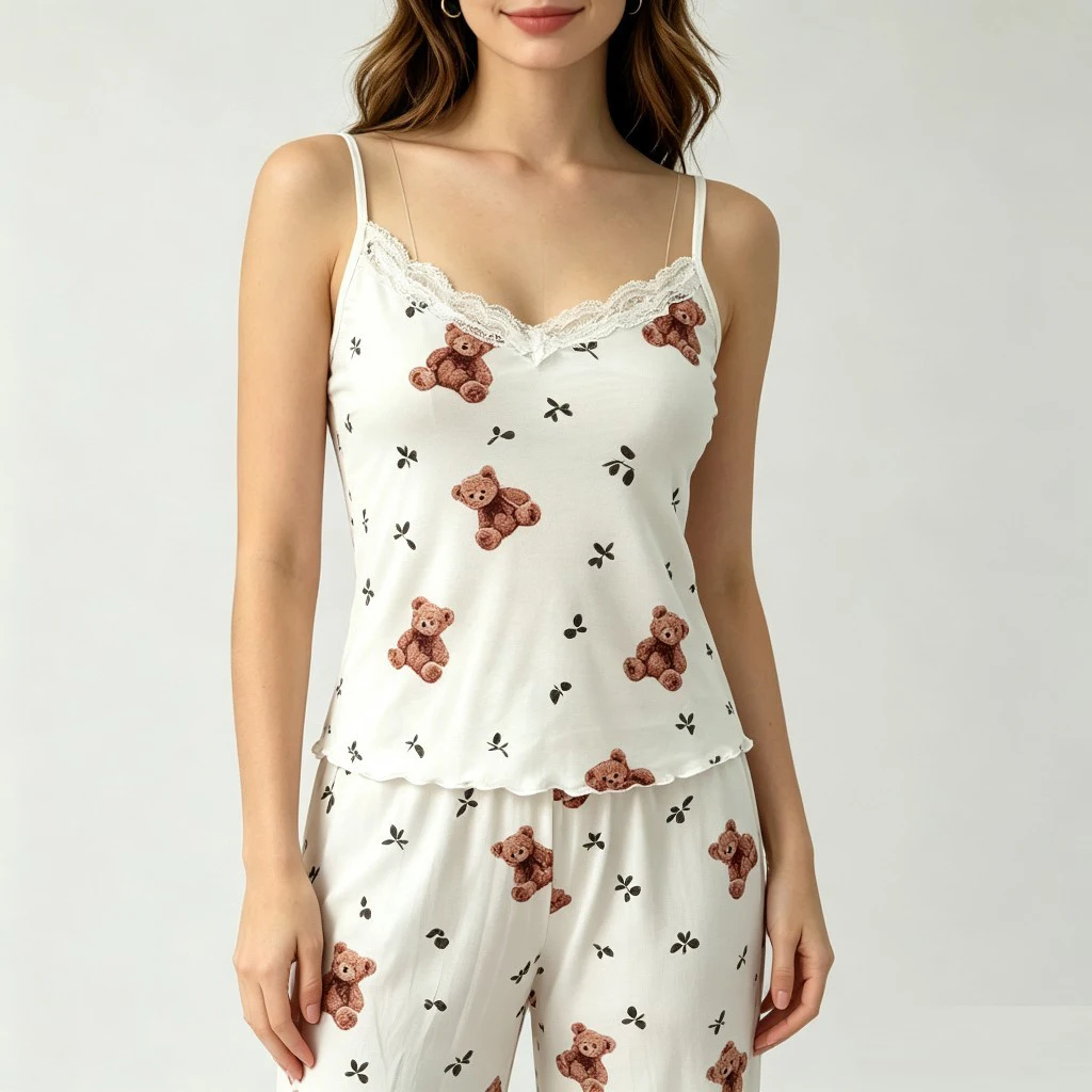 Camisole with Floral Ribbed High-Elasticity Loungewear Set  Casual Leggings Slightly Flared Casual Pants Print Fresh Style