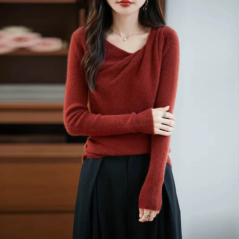 

100% Wool Pleated - Neck Solid Color Knitted Sweater, Women’s Pullover, an Elegant Texture Choice