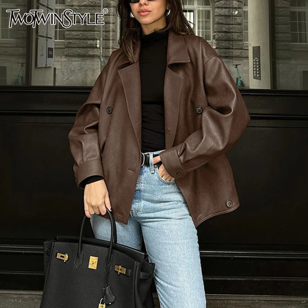 TWOTWINSTYLE Solid Temperament Leather Jackets For Women Lapel Long Sleeve Patchwork Double Breasted Casual Coats Female Fashion