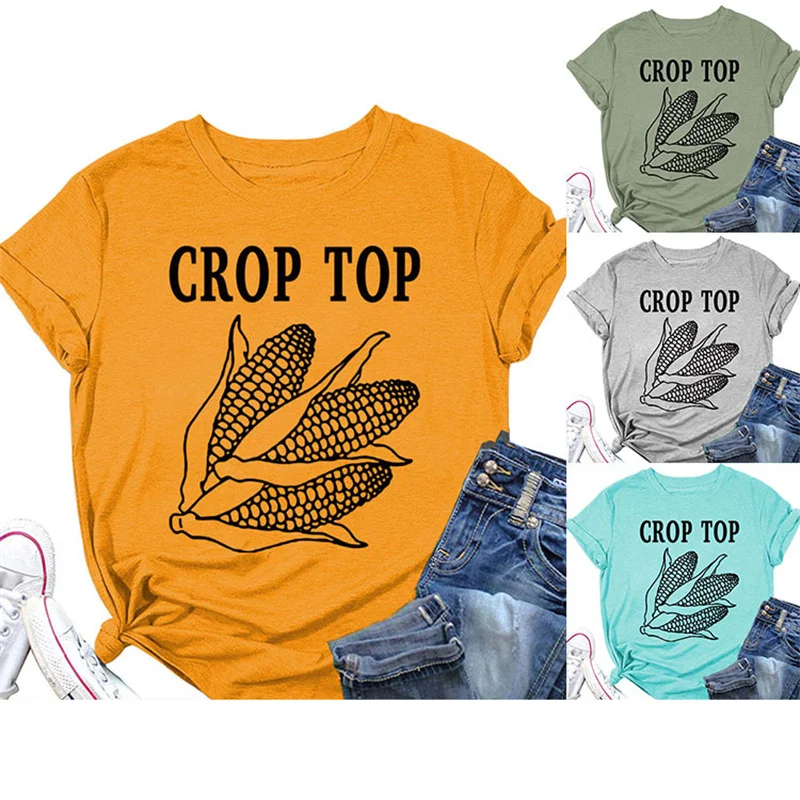 

New fashion cotton summer CROP TOP corn alphabet print vintage round neck time sleeve loose T-shirt women