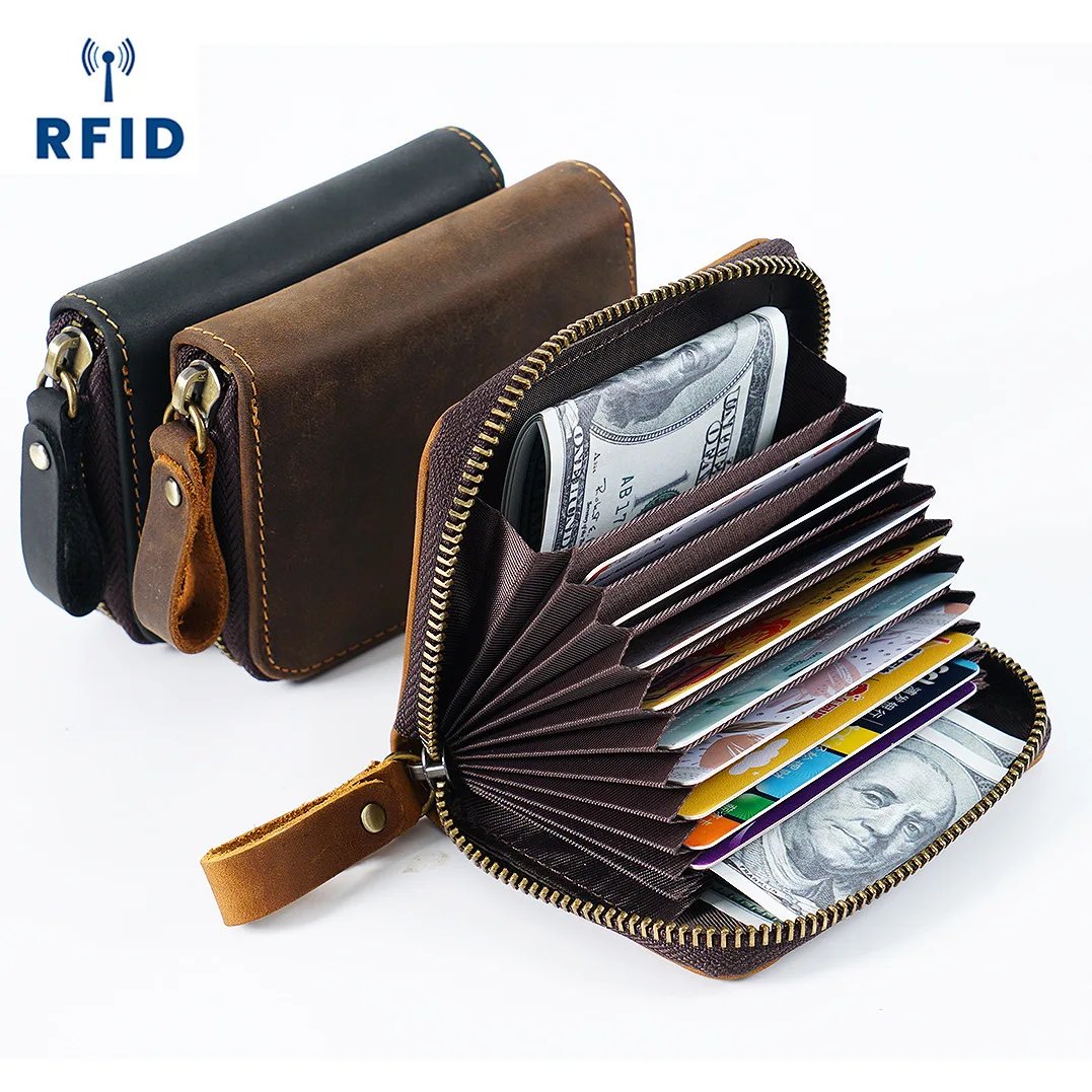 Genuine Leather Crazy Horse RFID Blocking Organizer Wallet, Vintage Multi-Card Slots Coin Purse with Large Capacity Card Holder