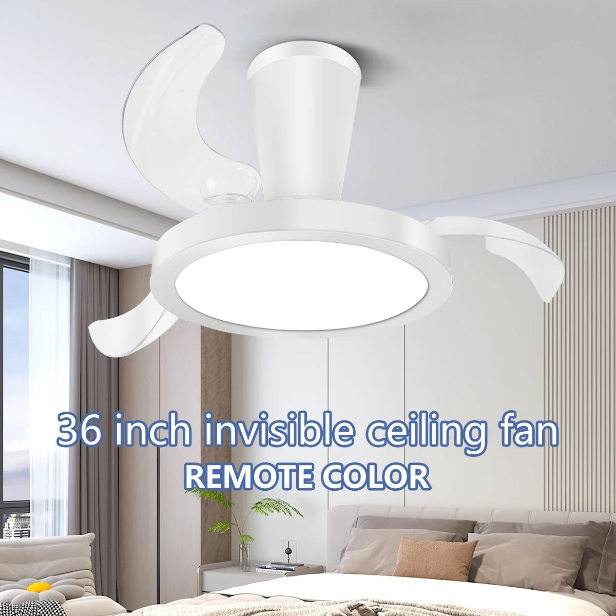 

Маленький белый современный потолочный вентилятор со светодиодной подсветкой, двигателем постоянного тока, высоким объемом воздушного потока и пультом ДУ для спальни и столовой