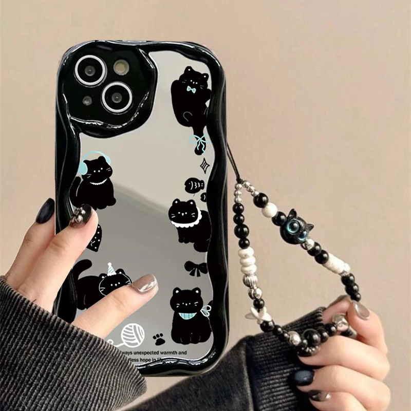 Чехол для телефона с цепочкой Cute Black Cat для OPPO A60 A38 A18 A17 A16 A15 A35 A54 A55 A78 A58 A16S A31 A33 A3 A5 Pro A52 A3X Soft Cover