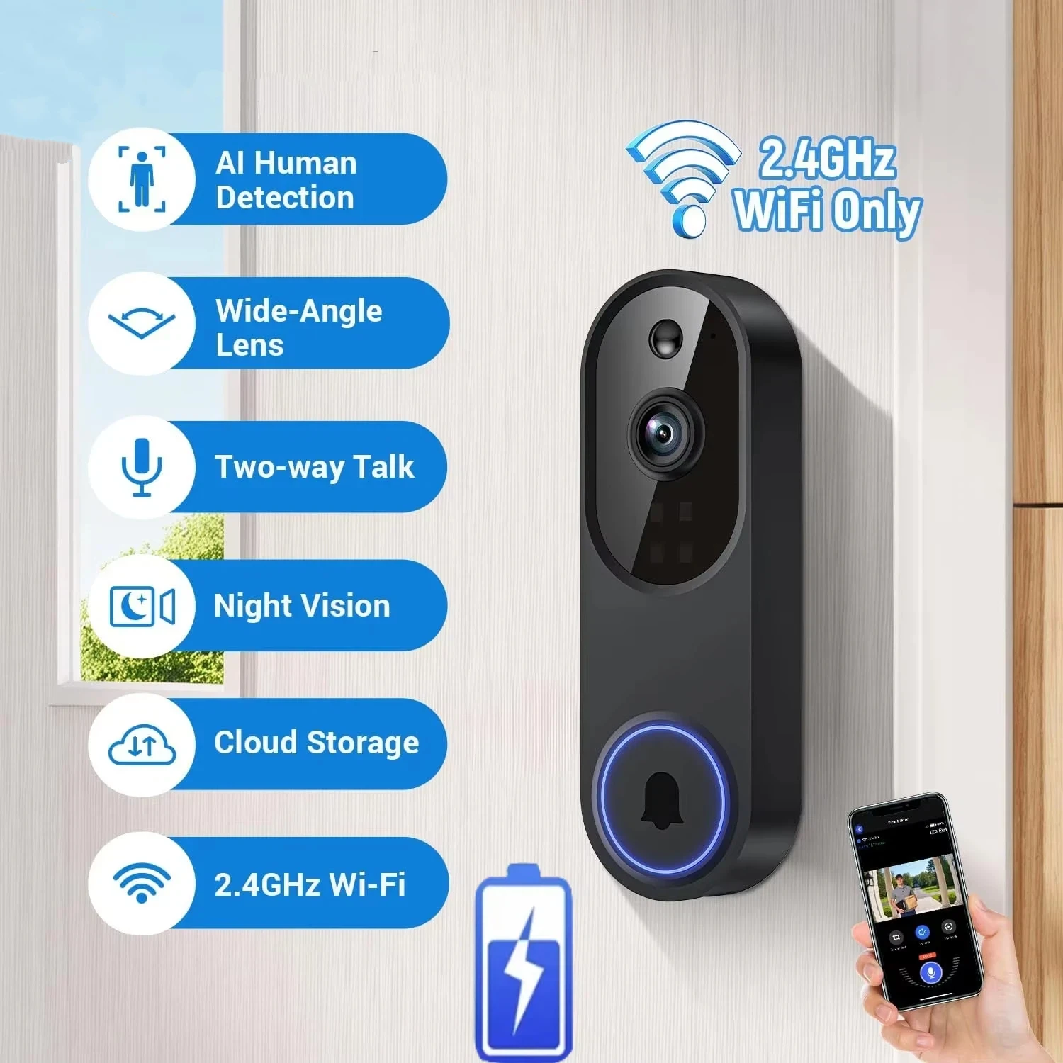 1080p Wireless Video Doorbell Camera Hd 2.4g Wifi Smart Doorbell Battery With Night Vision 2-way Talk &motion Detection JJ3081