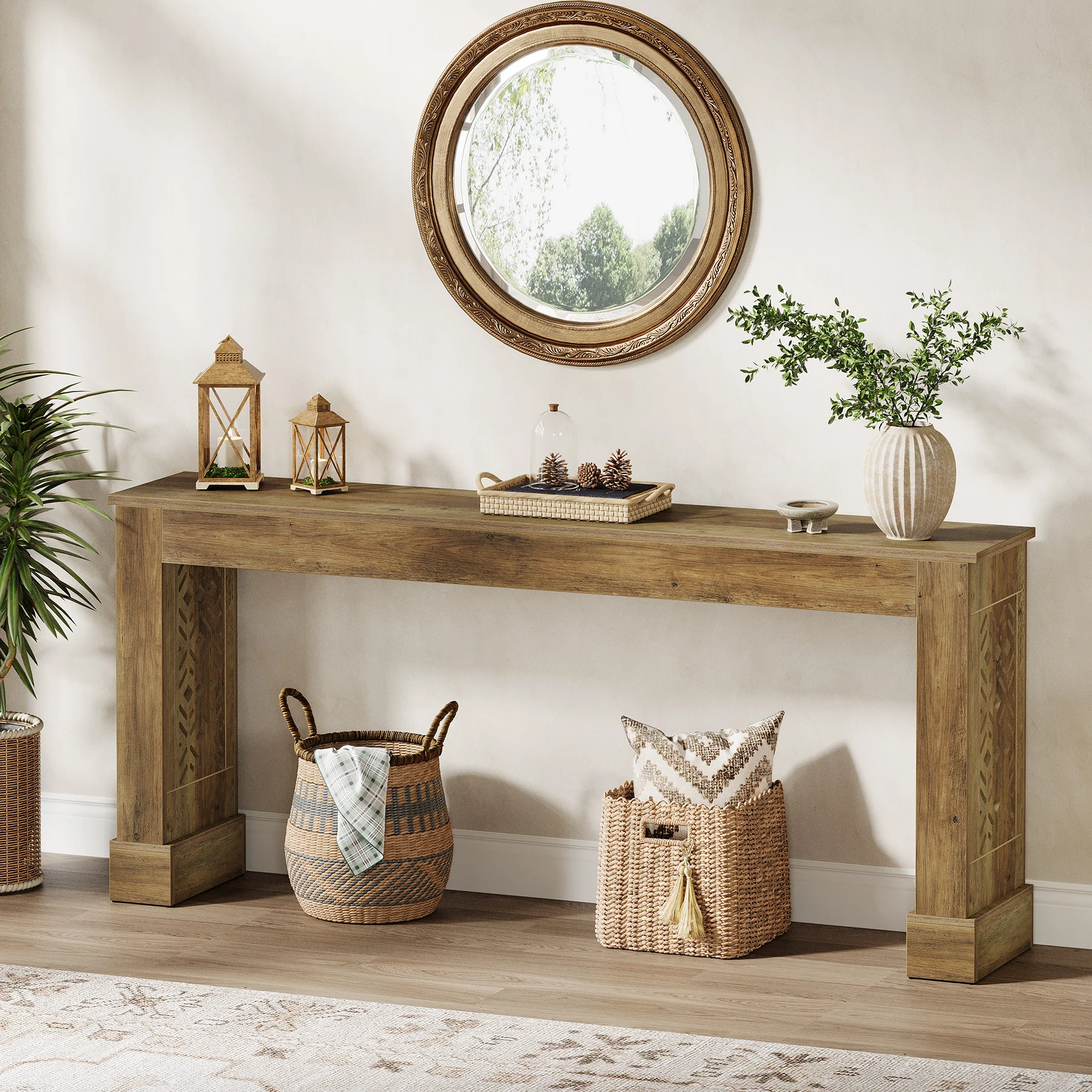 Tribesigns 63-Inch Farmhouse Console Table for Entryway, Industrial Wood Sofa Table Behind Couch with Retro Hollow Pattern Legs