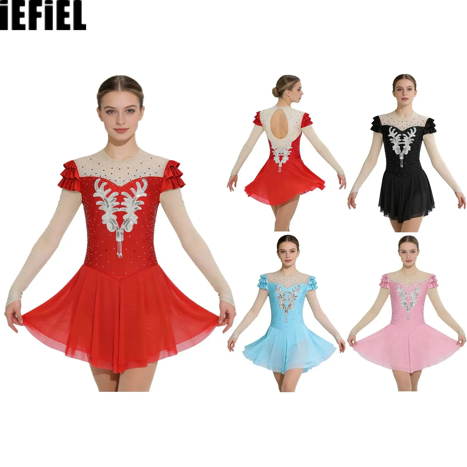 womens-sequined-rhinestone-dance-dress-figure-skating-bodysuit-dress-mesh-long-sleeve-irregular-hem-buttoned-crotch-dress