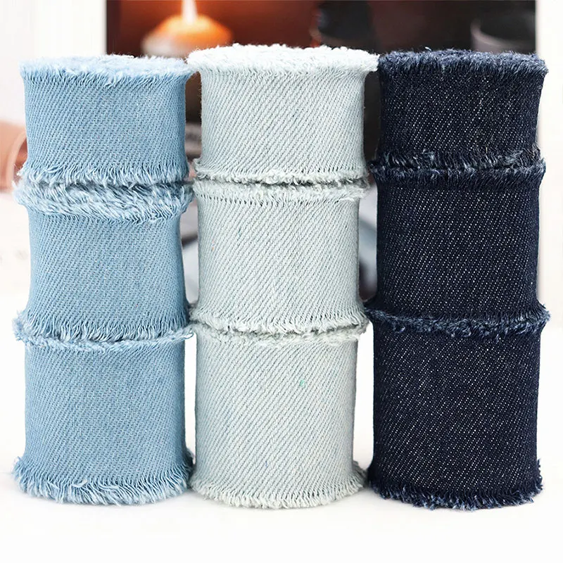 1.5m Denim Webbing with Handmade Frayed Fringe for Sleeve Cuff Pocket Edge Hat Headdress DIY Decorative Lace Ribbon Fabric Cloth