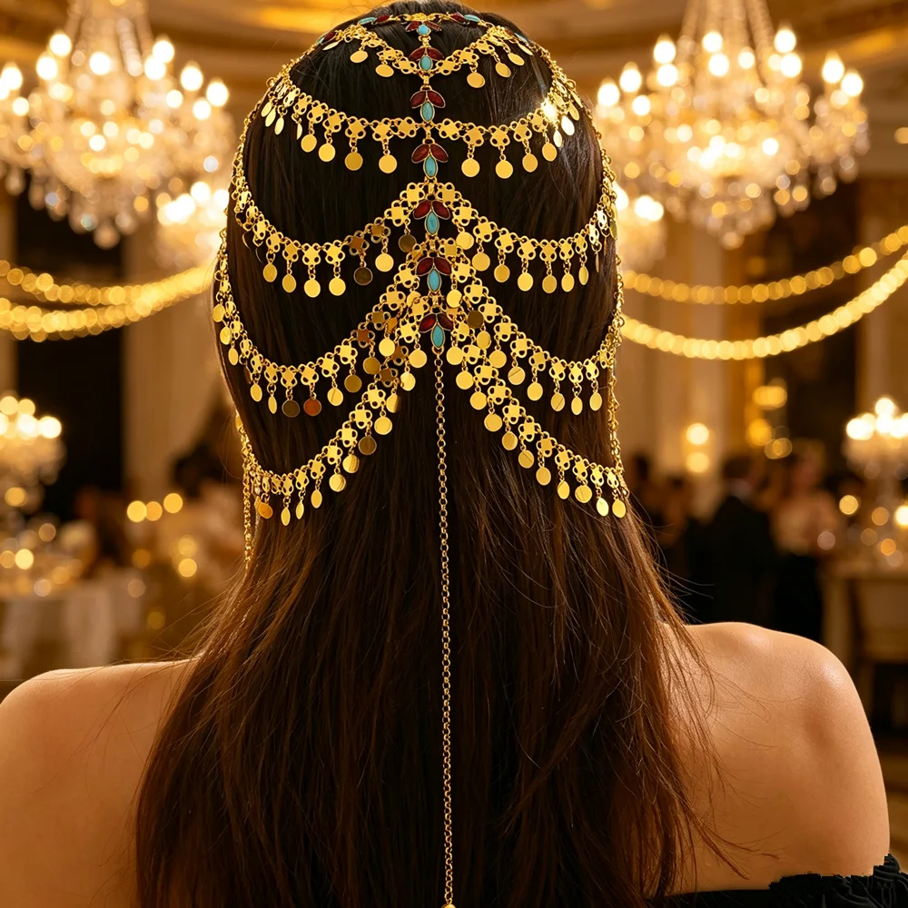 Turkish Kurdish Women Gold Plated Hair Chain Arabic Totem Head Jewelry Wedding Festival Party Bridal Head Wear