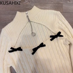 KUSAHIKI Korean Hollow-out Zipper Stand Neck Slim Spicy Girl Y2k Knitted Tops Autumn Winter New Base Women Sweater Pullovers