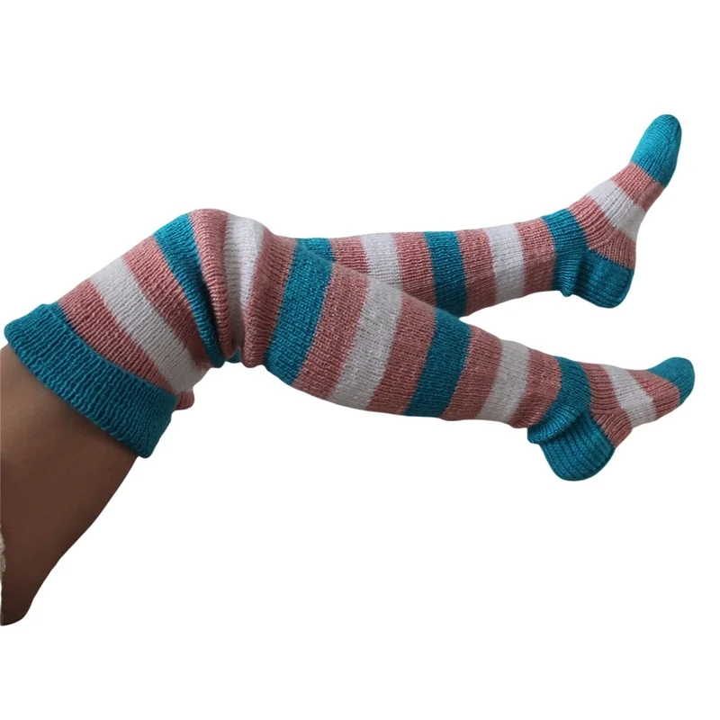 Ladies Knitted Stockings Adults Women Autumn Winter Leisure Style Mixed Color Stripes Knee-high Socks Long Stockings