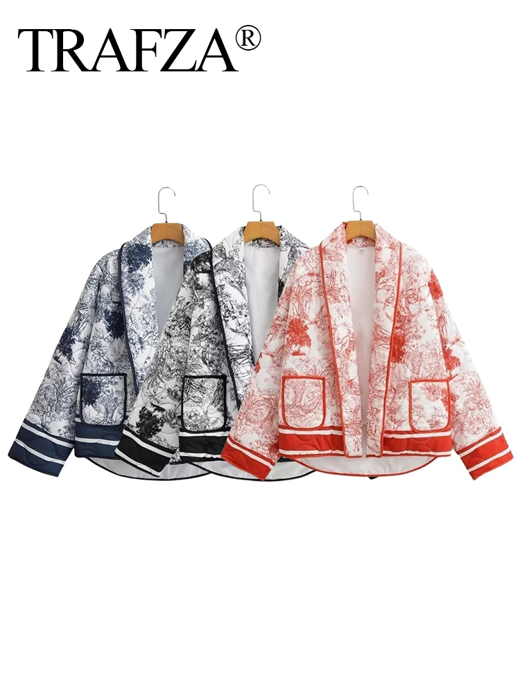 TRAFZA Fashion Women Floral Printed Solid Cotton Jacket 2024 Female Long Sleeved Warm Pocket Cardigan Coat Office Street Outwear