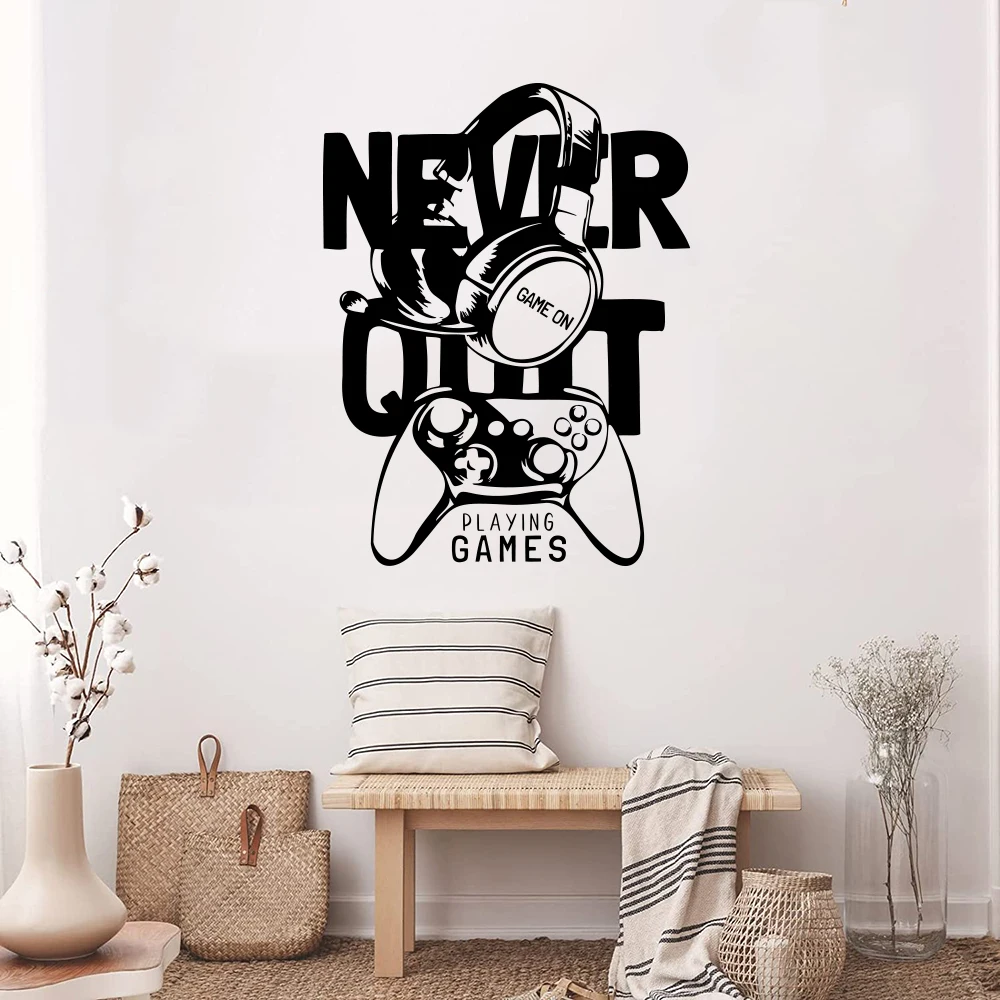 Never Quit Video Games Wall Sticker Decal Gaming Game Controller Inspirational Quote Headphone Playroom  Home Decor