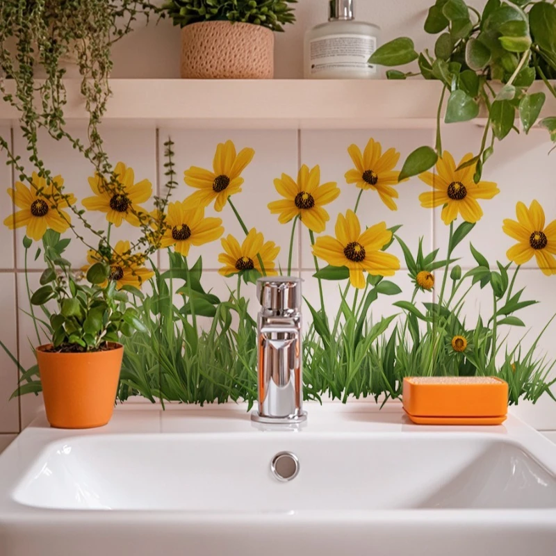 Yellow Daisy Wall Stickers Waterproof Self Adhesive Bathroom Vanity Decor Peel and Stick Removable Wall Decals for Modern Home