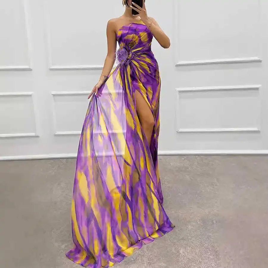 

Slit Design Spring Summer Autumn Faion Polyester Material Casual Printed Long Dr One oulder Par Gown for Women
