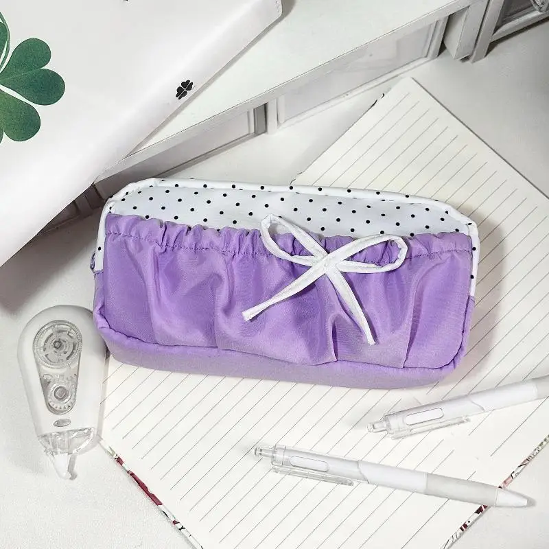 1Pcs Cute Polka Dot Pen Bag in Purple Bow - Expansive School Pencil Case, Great for Girls' Cosmetics & Stationery