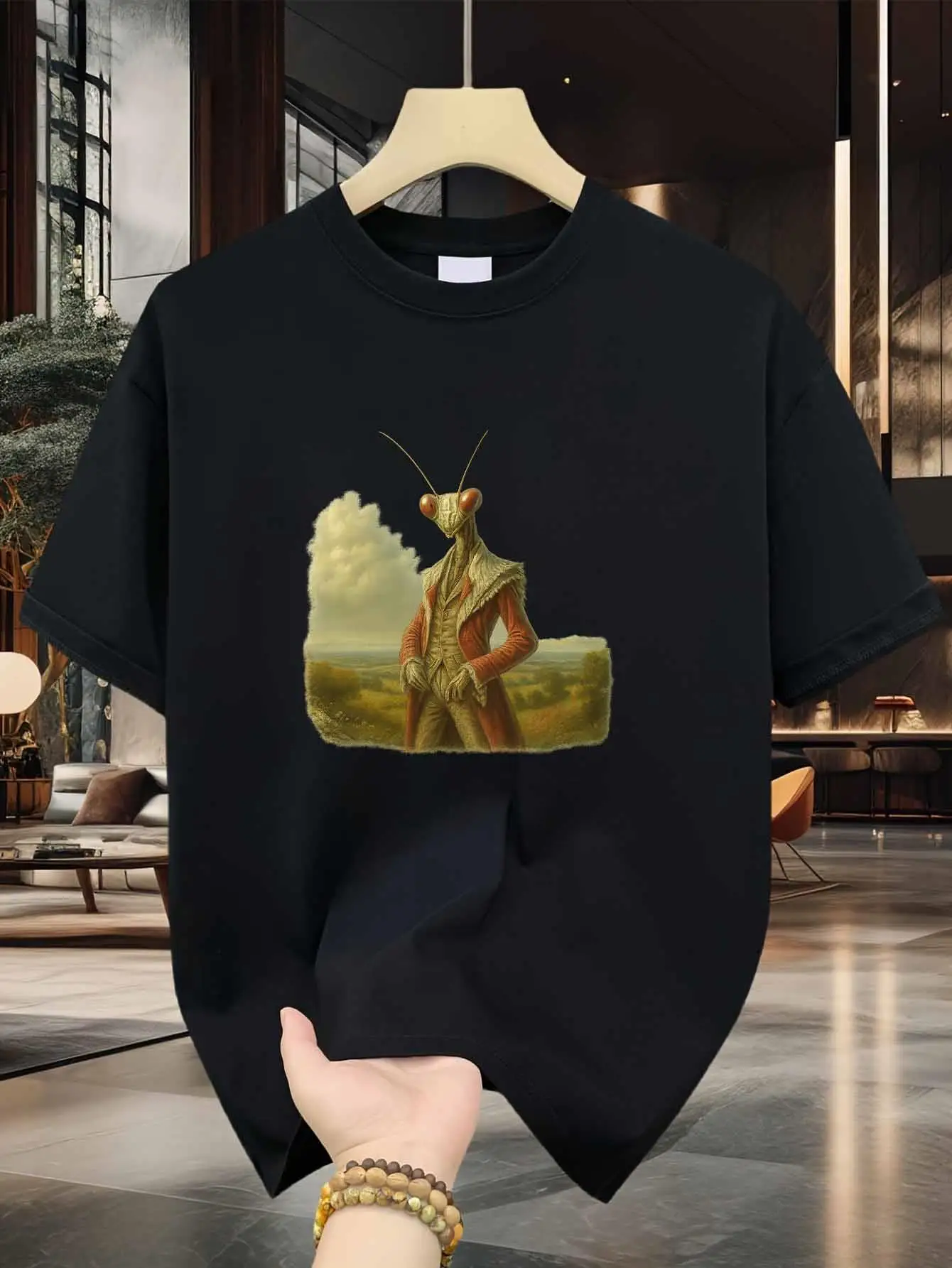 Unisex Gentleman Mantis Men'S T-Shirt with Victorian-era mantis humanized print pattern, elegant and pure print, durable casual fashion, crew neck, regular fit, short sleeves.