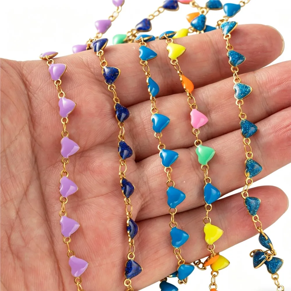 Chaînes en acier inoxydable en forme de cœur de 1 mètre pour la création de bijoux DIY, colliers et bracelets en émail coloré LOVE, fournitures en vrac