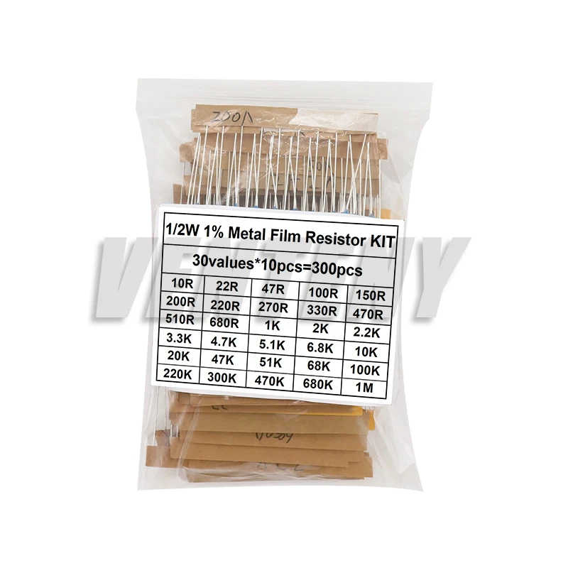 300 buah/lot 1W 1/2W 1/4W 1% Resistor Film logam aneka Kit Resistor = 300 buah Set resistensi 10 Ohm - 1M