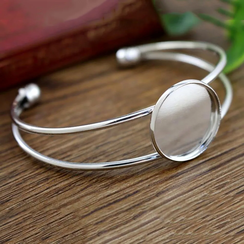 High Quality  20mm Silver Plated Bangle Base Bracelet Blank Findings Tray Bezel Setting Cabochon Cameo  (L6-05)