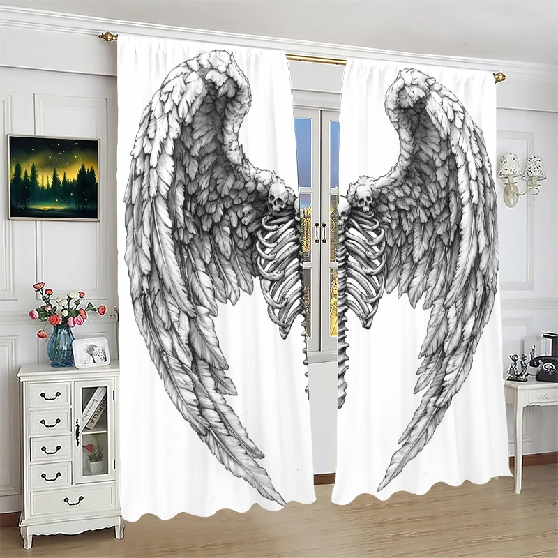 Wings Black and White Sketch -2pcs- Printed curtain,100% polyester material, suitable for home decoration