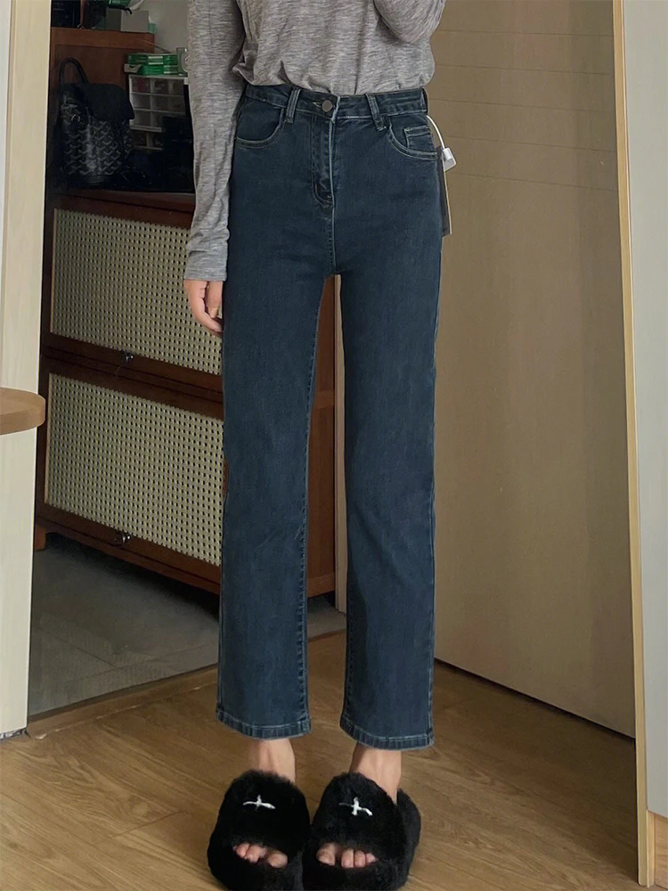 

Прямые джинсовые джинсы с высокой талией, женские весенне-осенние эластичные утягивающие брюки больших размеров с девятью точками, маленькие мощные брюки Bullet