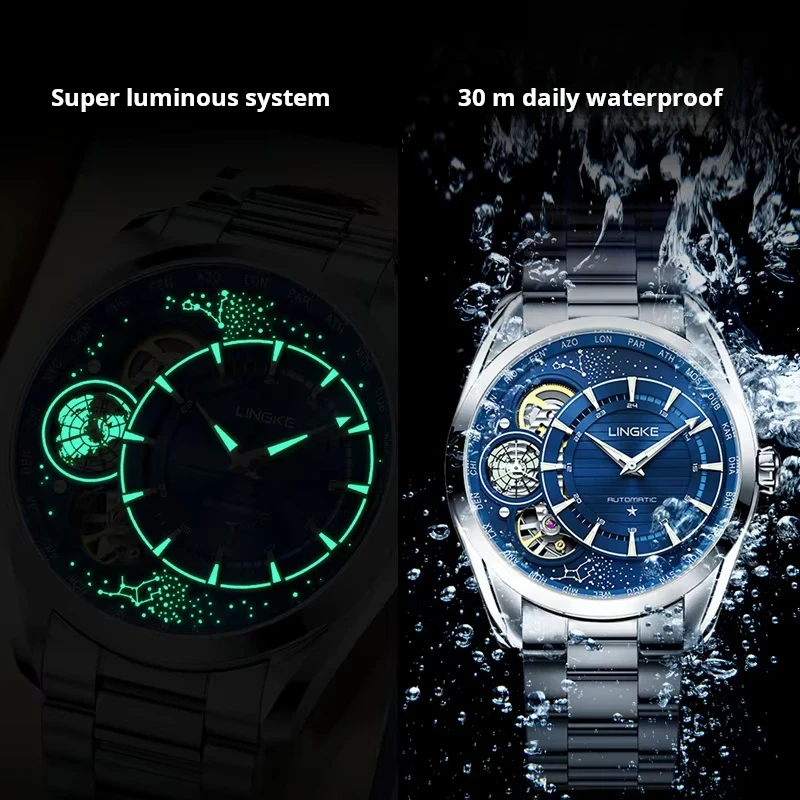 LINGKE orologio meccanico da uomo originale in acciaio inossidabile argento blu lusso luminoso automatico Tourbillon orologi orologio impermeabile