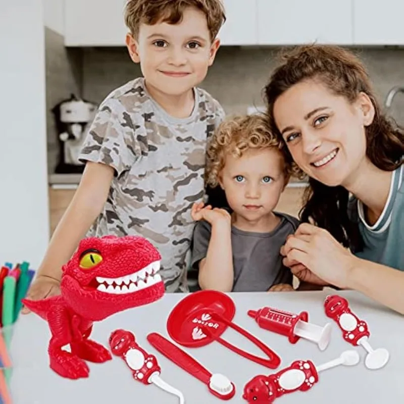 10 pçs dos desenhos animados dinossauro dentista médico kit jogar conjuntos para crianças simulação médico conjunto fingir criança médicos casa de bonecas jogar