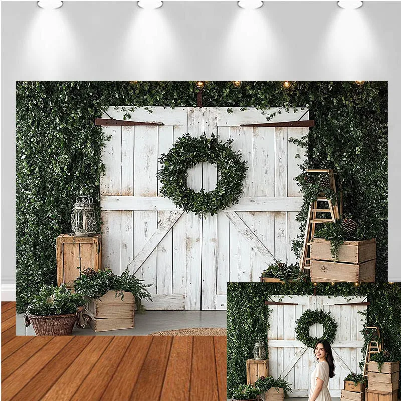 LS Photography Backdrop Photo Wreath Wooden Crate Door Decor Birthday Cake Smash Kids Adult Portrait Photo Background Studio
