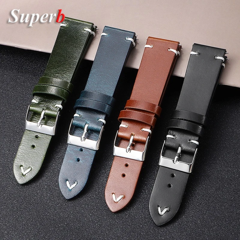 Ремешки для часов из натуральной кожи ручной работы в стиле ретро с масляным воском, быстросъемный ремешок для часов из телячьей кожи, 18 мм, 20 мм, 22 мм, аксессуары для часов