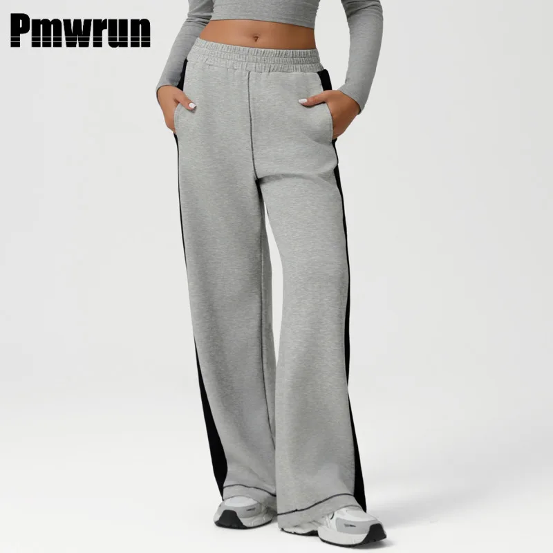 

PMWRUN Color Blocked Fitness Sweatpants Women Drawstring Yoga Wide Leg Pants High Waist Loose Comfortable Running Trousers