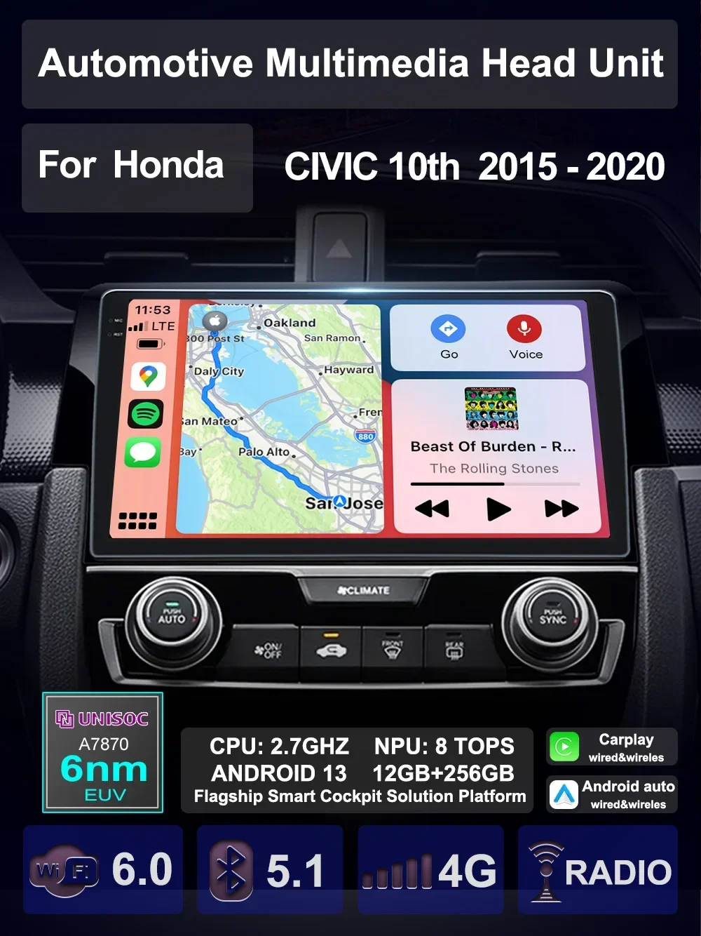 

For Honda civic 10th 2015-2020 Android 13 Car Multimedia Carplay Auto GPS AI Voice navigation stereo Radio Palyer Head Unit
