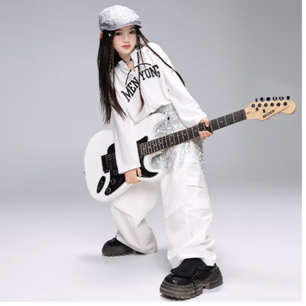 Cool Jazz Dance Costume Girls Hip Hop Street Dance Clothing Kpop Stage Outfit Casual Streetwear White Tops Gradient Pants YJ16