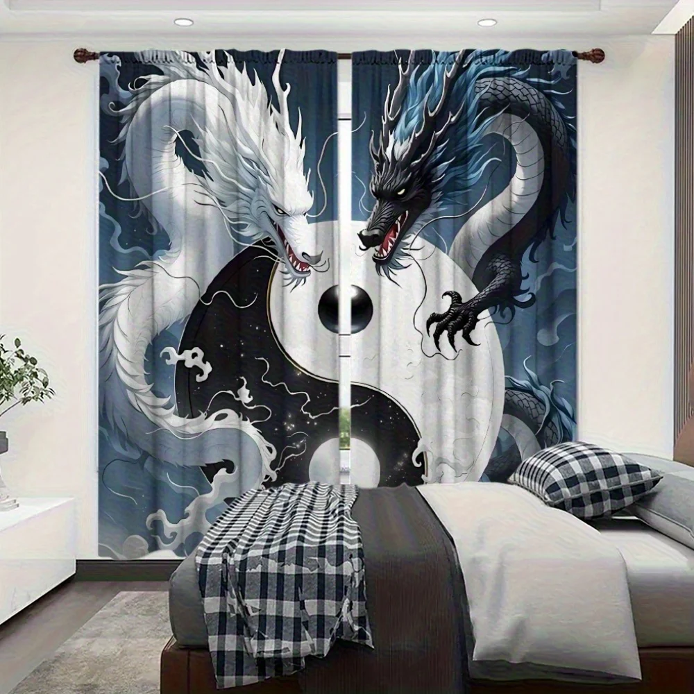 Yin Yang Tai Chi Dragon Rod Pocket Window Curtains - Modern Art Theme Room Decor for Bedroom Living Room Set of 2 Panels