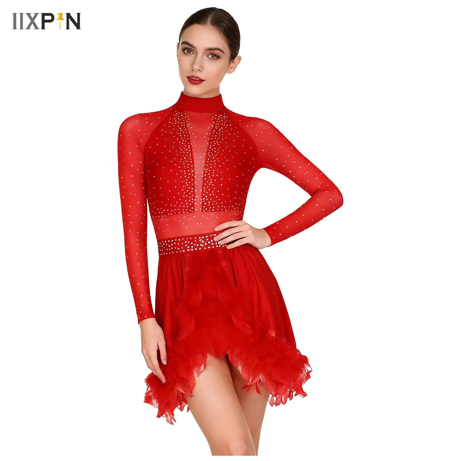 

Women Figure Skating Dance Dress Latin Jazz Dancewear Rhinestone Long Sleeve Back Cut Built-In Crotch Briefs Feathered Hem Dress