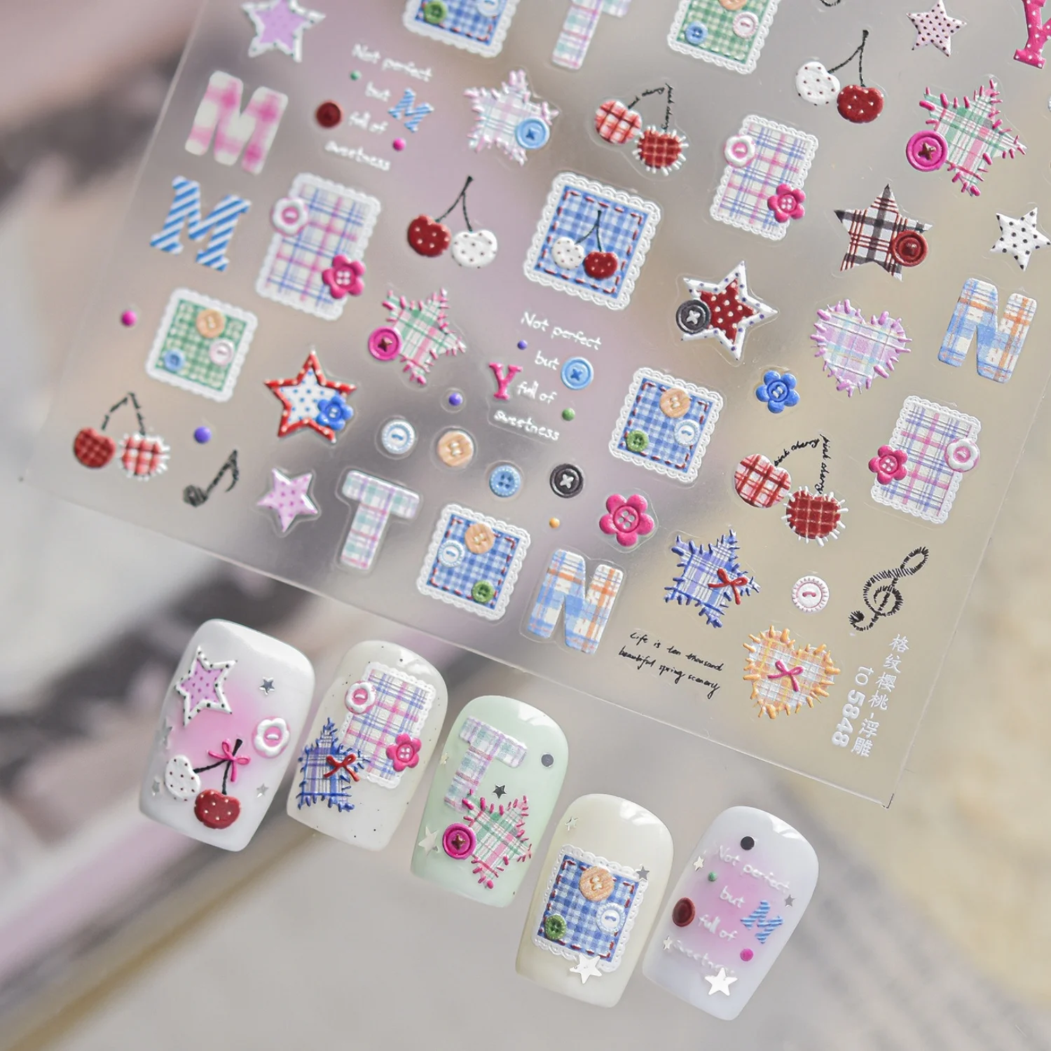 Colorful Grid Button Cloth Patch Lovely Plaid 5D Nail Art Sticker Square Heart Cherry Note Star Self Adhesive Manicure Decal DIY