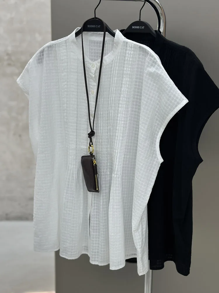 

High-Spec Cotton Accordion Pleat Batwing Sve irt round Ne Women's irt Versatile Paper Figure French Sle Loose Fit