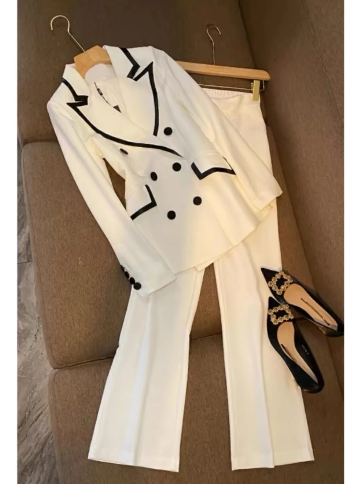 White Suit Set Women\'s Casual Fashion Workwear Spring Autumn Two-Piece Long Sleeve Long Pants Professional High-End Feeling
