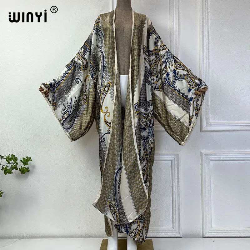 WINYI 2024 summer kimono boho print beach cover up Swim Suit elegant African women boho Cardigan sexy Holiday silk feeling dress