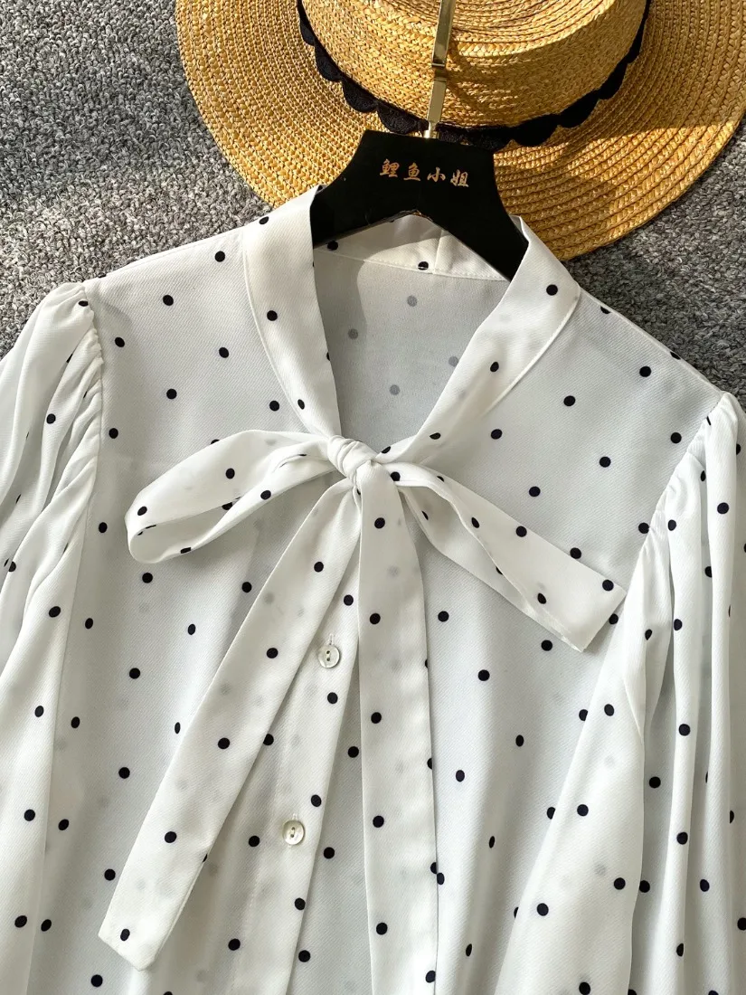 Foamlina Polka Dot Print Shirt Women Vintage Bow-tied Collar Lantern Sleeve Single Breasted Loose Shirt Female Casual Blouse Top