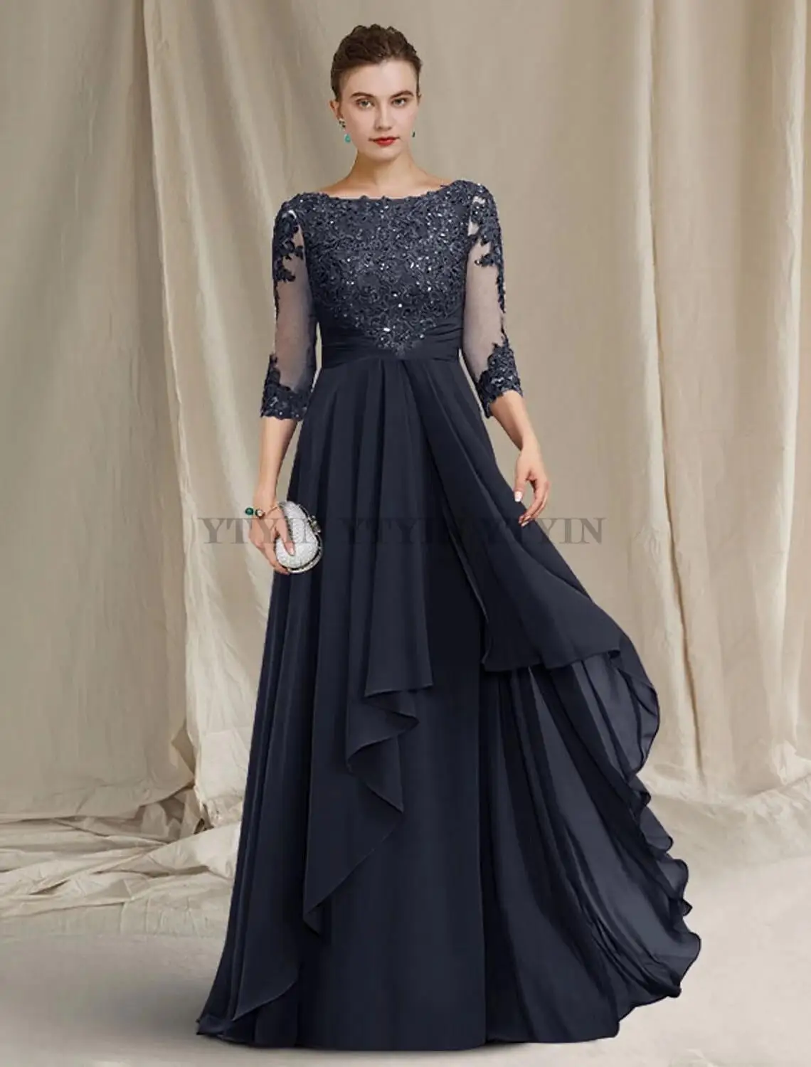 Long Wedding Guest Party Dress For Woman Appliue Floor Lengh Chiffon Formal Mother Of The Bride Gown Plus Size A Line 3/4 Sleeve