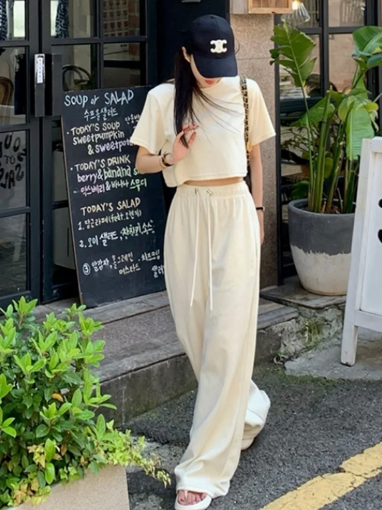 

Ele Summer ort Sve Top And Wide Leg Pants Set Loose Fit Versatile Belted Waist Faionable Outfit for Women