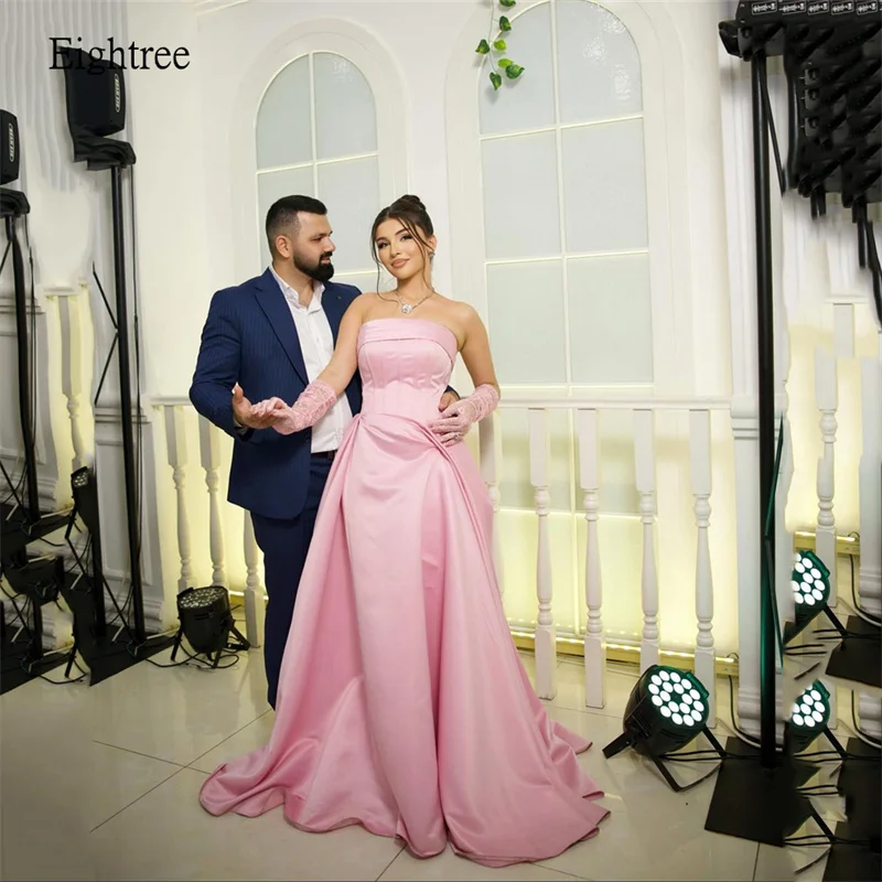 

Eightree Pink Elegant A-Line Evening Dresses Sleeveless Strapless Prom Gown Saudi Arabia Floor Length Formal Party Gowns