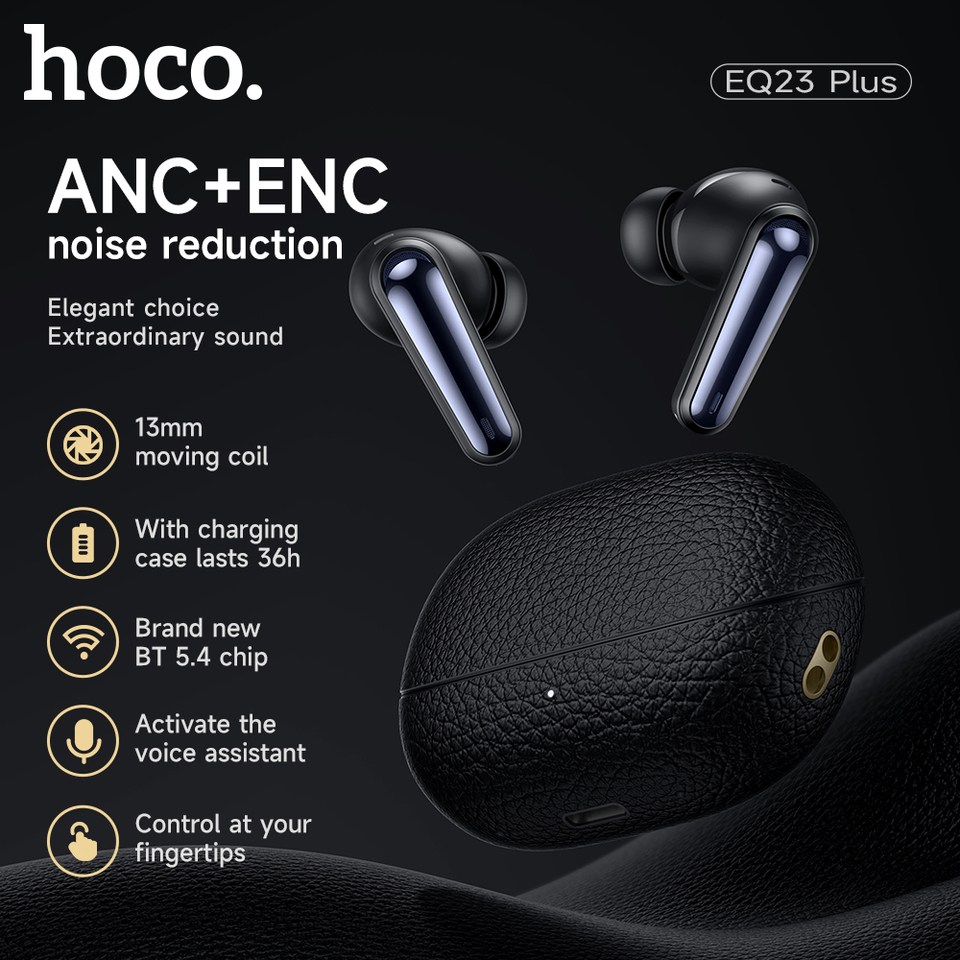 HOCO EQ23 Plus ANC+ENC Noise Reduction Wireless Bluetooth 5.4 Earphones HiFi Audio Earbuds Lychee Texture Charging Box 4 Mics