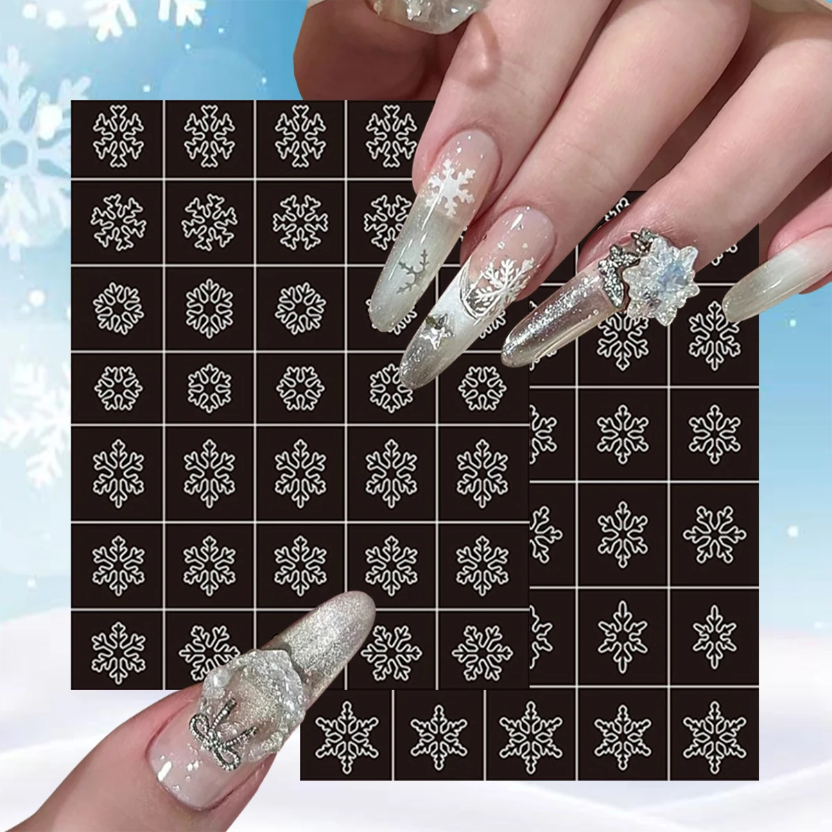 2/4/6 Blatt weiße Schneeflocken-Nagelaufkleber-Set, Winter, Weihnachten, 3D-Schneeflocken-Nagelkunst-Abziehbilder für DIY-Maniküre