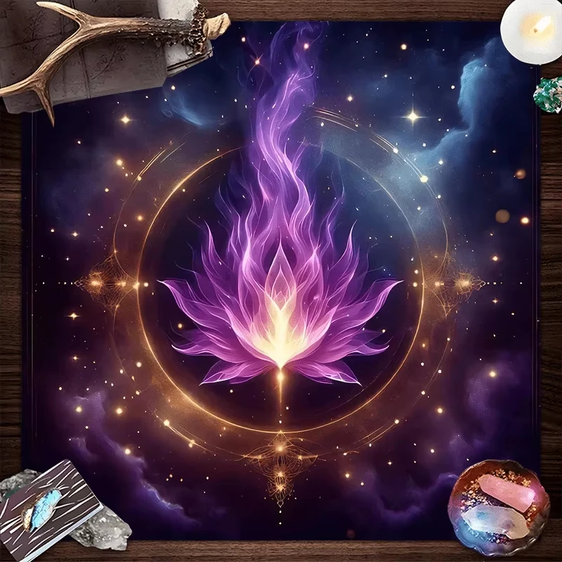 Starry Sky Lotus Tablecloth, Purple Gold Lotus Throne Tarot Star Array Mat, Meditation Room Altar Decoration for Divination